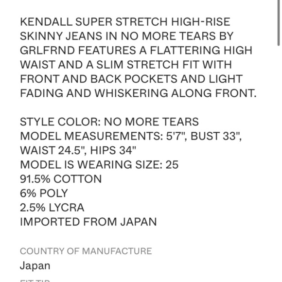 NWT GRLFRND KENDALL IN  NO MORE TEARS HI RISE STRETCH DENIM W/ SLIM LEG - Picture 15 of 16